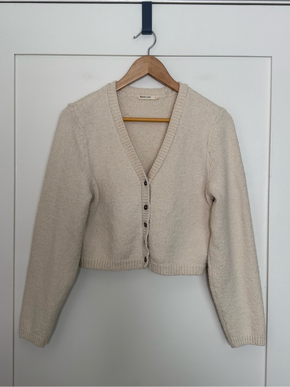 Marine Layer Cardigan Sweater Womens Sz S Beige Knit Cropped Long Sleeve Button